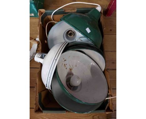 A set of six vintage green and white enamel industrial style lampshades - sold with three white enamel similar