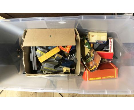 A large crate containing a quantity of Hornby and other model train items, including Locomotives, wagons, transformer, etc.