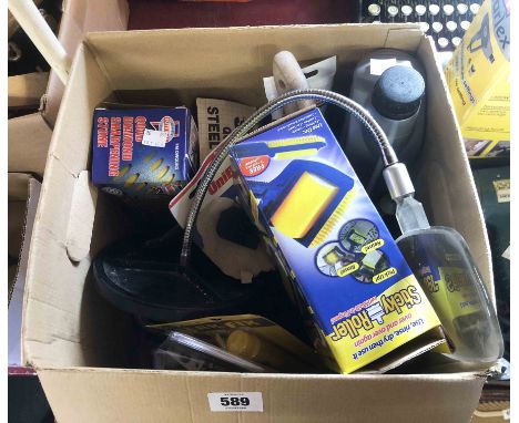 A box containing a quantity of DIY items including diamond sharpening stone, boxed steel wool, tile cleaner, etc.