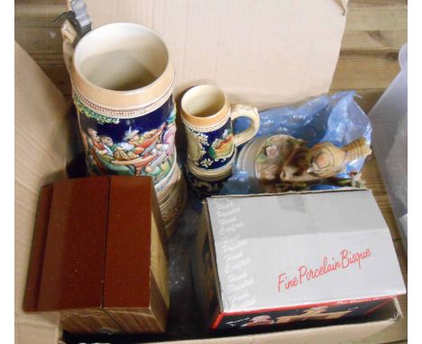 A box containing a quantity of collectable ceramic items including large pottery musical stein, a smaller similar, boxed porc