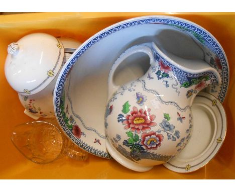 A crate containing a quantity of assorted ceramic items including Losolware jug and bowl, Paragon china muffin dish, etc.
