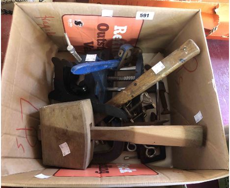 A box containing a quantity of tools including bench vice, G-clamps, etc.