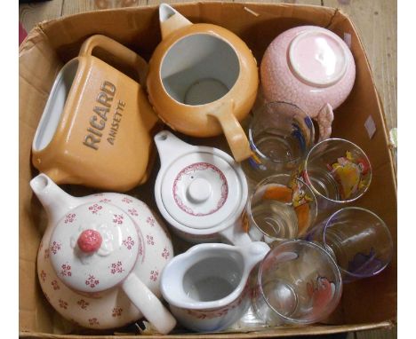 A box containing a quantity of assorted ceramic and glass items including two French pottery Ricard advertising jugs, four Mc