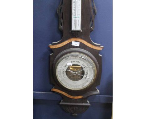 OAK CASED ANEROID BAROMETER WITH THERMOMETER