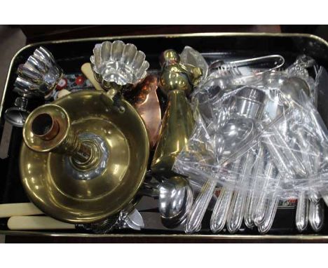 LOT OF SILVER PLATED FLATWARE
together with a silver plated jug, bowl, brass candle holder, silver napkin rings, barometer an