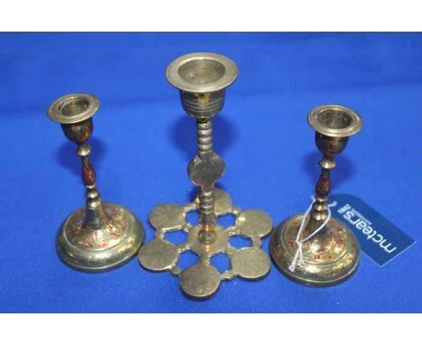 LOT OF BRASS ITEMS
including a military St Andrews cross badge, a pair of Arabic brass dwarf candlesticks and a pair of Alsat