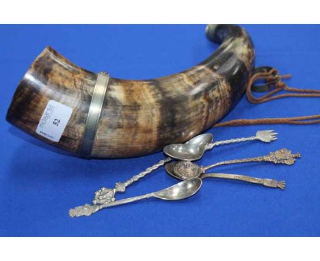 HUNTING HORN IN THE VICTORIAN MANNER 
together with some silver and white metal spoons and other flatware 