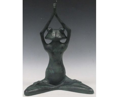 A bronzed metal model of a meditating frog, 41cm highno real agecondition good as you would expect