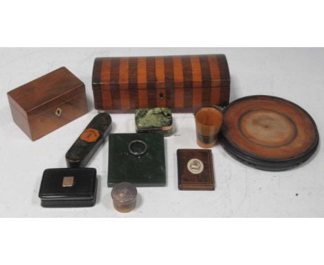A small collection of treen including a musical box, horn snuff box, spectacle case, etc