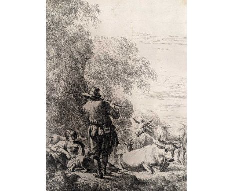 Nicolaes Pietersoon Berchem (Dutch. 1620-1683) Shepherd playing the fluteetching on laid paper with watermark, 18.5cm x 14cm,