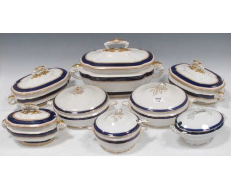 Part services of Royal Doulton and Royal Worcester with blue and gilt bands, lidded tureens (qty)