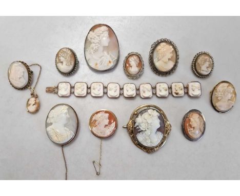 A cameo set bracelet, mount tests as 9ct gold, a cameo brooch with Italian marks for 9ct gold and a cameo brooch, the mount s