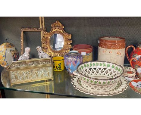 A Japanese lacquer 3 tier stand, with removable trays and carrying handle;a 19th century pierced creamware chestnut basket on