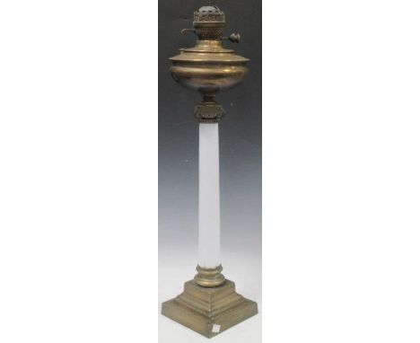 A white opalescent glass column oil lamp with stepped square brass base, 73cm highno shade of chimneytop bowl is badly dented