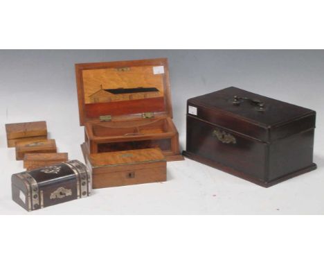 A Georgian mahogany caddy box (A/F), a pressed wood circular box the top inscribed 'Retour du laboureur, A 'prisoner of war' 
