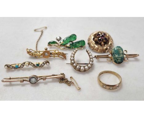 A collection of 7 stone set brooches along with a 9ct gold ring (8)Brooch with carved panels - probably jade but untested, th