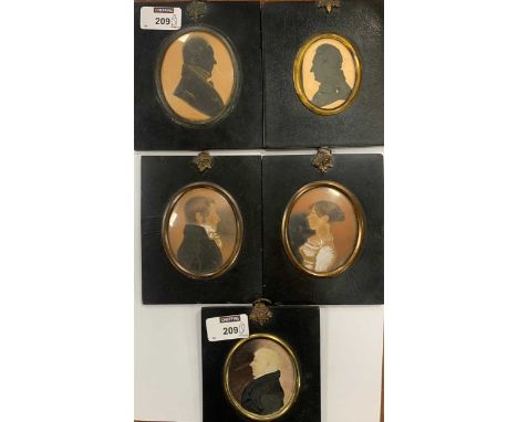A collection of portrait silhouettes and portrait miniatures on paper two of gentlemen, one inscribed 'Thomas Colbrook (?) Be