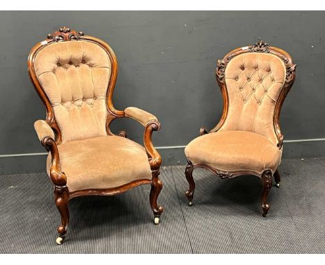 Two similarly upholstered Victorian button back parlour chairs
