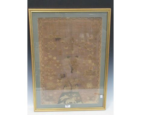 A 19th century needlework sampler of Adam and Eve figures with motto 'mans first disobedience' 64 x 43cm