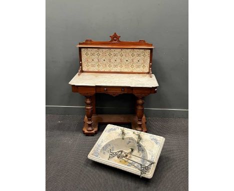 A Victorian marble topped tile back wash stand, together with a Victorian blue and white sink with taps, washstand 127cm x 10