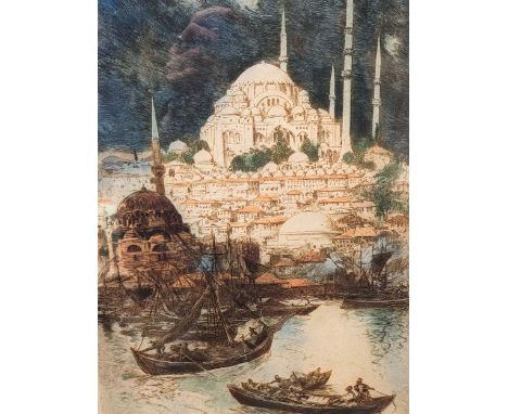 A Group Of Three Pictures To include a hand-coloured etching by Joseph Finnemore (1860-1939) of Constantinople, signed in pen