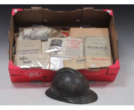 Box of military ephemera, First World War and Second World War, plus First World War French Army helmet (1 box)please see add