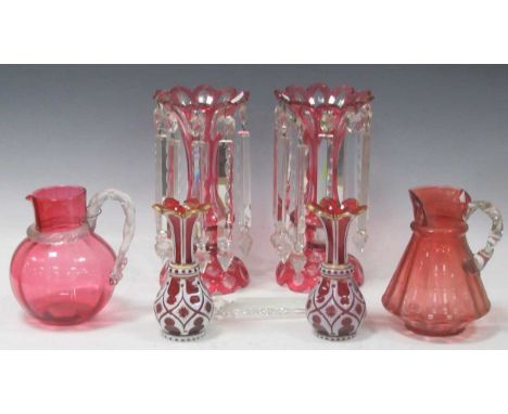 A pair of Victorian cranberry glass lustres together with a pair of Bohemian ruby glass vases (AF); together with various oth