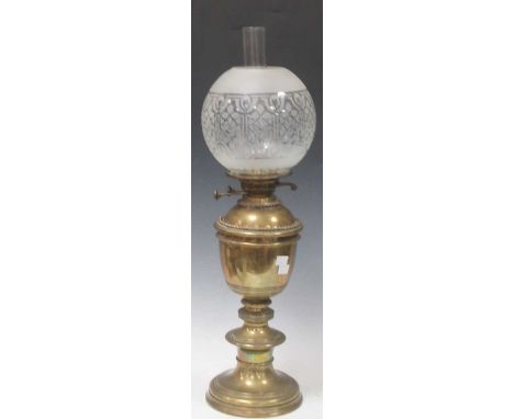Victorian brass oil lamp with etched glass shade 65cm High