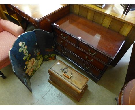 A mahogany record cabinet, ebonised and painted fire screen and a Jones sewing machine