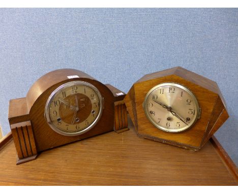 An Art Deco oak mantel clock and a walnut mantel clock