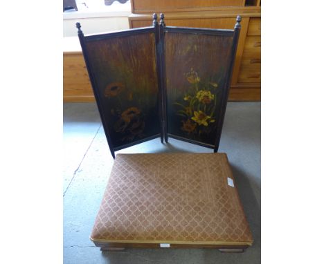 A gout stool and a painted two panel fire screen