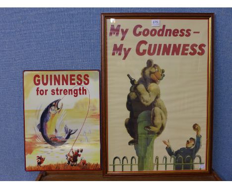 A reproduction Guinness tin sign and an advertising print