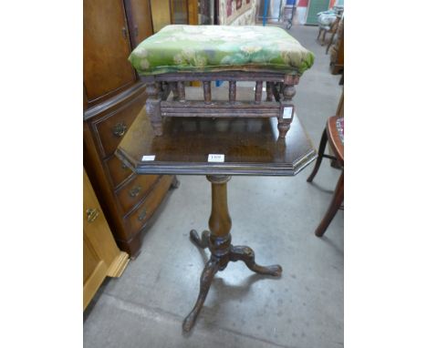 A mahogany tripod table and a Victorian oak and upholstered stool