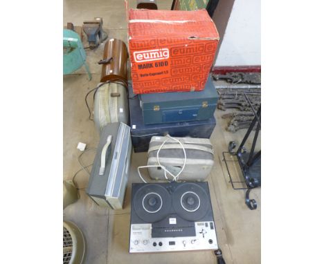 Six vintage reel to reel players and a record player