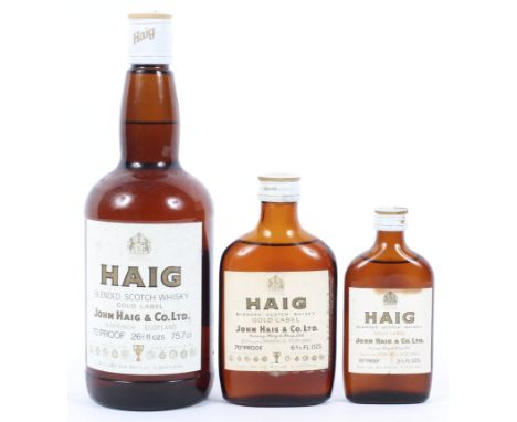 Three vintage Haig Gold Label Blended Scotch Whisky, Distilled, Blended and Bottled in Scotland by John Haig & Co, each 70 Pr