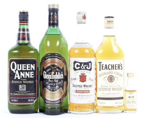 A single bottle of C and J Fine Old Scotch Whisky, 75cl, 40% vol, a Glenfiddich Pure Malt Scotch Whisky, 1 Litre 43 GL and th