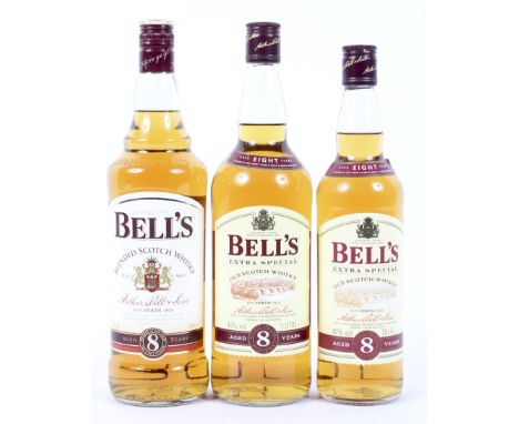 Bells Blended Scotch Whisky, aged for 8 years, three bottles, two being 1 Litre, the other 70cl, all 40% Vol.