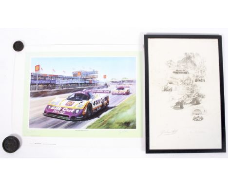 A Graham Hill signed print by Michael Turner, no. 89/100, framed, 36 cm x 56 cm together with another Motor Racing print by T