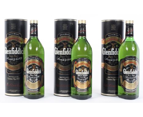 Three bottles of Glenfiddich Pure Malt Scotch Whisky, distilled and bottled in Scotland, 1.00 Litre, 86 US 43% Vol., all in o