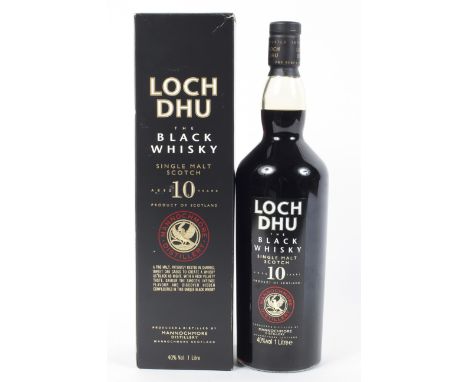 A bottle of Loch Dhu "The Black Whisky" Single Malt Scotch, aged 10 years, produced at the Mannochmore Distillery, 1 Litre 40