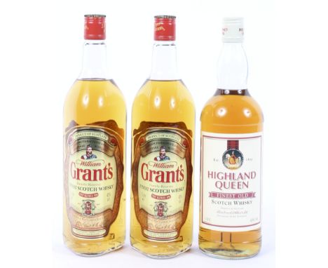 Two bottles William Grant's Family Reserve Finest Scotch Whisky, 1 L., 40% Vol. and one bottle of Highland Queen Finest Old S