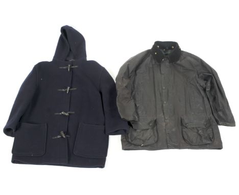 Two hunting coats, comprising: a Barbour Beaufort jacket in black with chequered lining, 84 cm long (labelled as C46/117cm), 