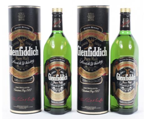 Two bottles of Glenfiddich Pure Malt Scotch Whisky, distilled and bottled in Scotland, 1.00 Litre, 86 US 43% Vol., both in or