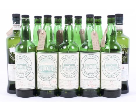 The Scotch Malt Whisky Society, a collection of eleven opened bottled, including casks 68.6, 3.208, 49.13, 38.8, 3.223, 61.4,
