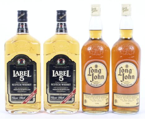 Two bottles Label 5 CLassic Black Finest Blend scotch whisky, Magnum 100cl., 40% Vol., and two bottles Long John Special Rese