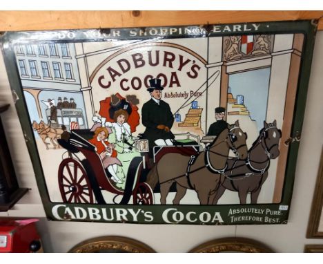 An original large Cadburys Cocoa Clock Do Your Shopping Early enamel sign 4' x 3' COLLECT ONLYNo restoration or touch up pain