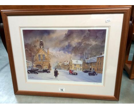 A signed framed &amp; glazed print by Sean Bolan of classic cars in street scene COLLECT ONLY 