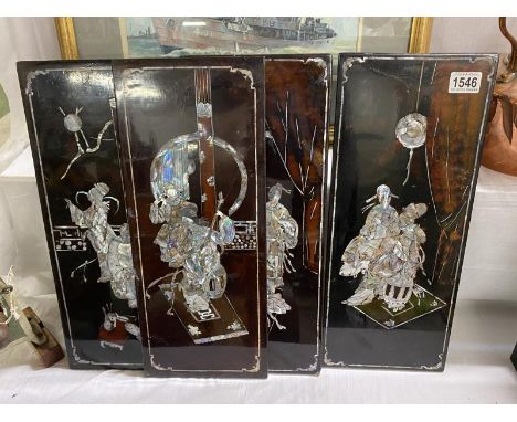 4 inlaid mother of pearl Oriental lacquered wall hangings 48.5 x 19.5 cm 
