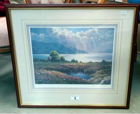 A limited edition 70/500 James D Preston print sheep by water hole, by lake &amp; mountains (53cm x 47cm) COLLECT ONLY 