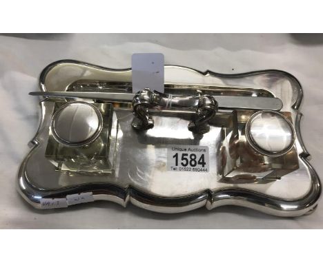 An electroplate Barker Brothers of Birmingham antique pen tray and inkwell stand together with a Woolwich Equitable letter op